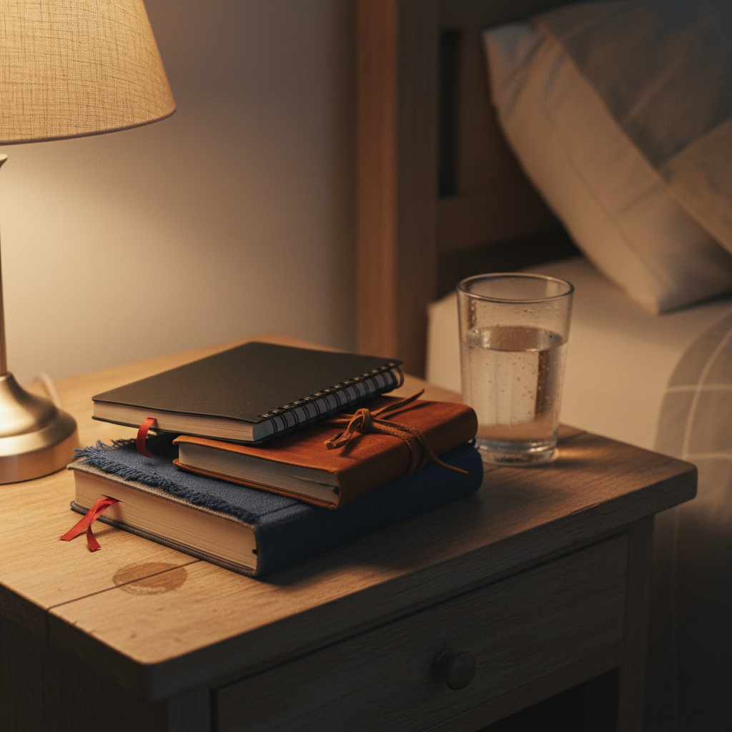 A small wooden nightstand, slightly scuffed at the edges, holds a neat stack of mismatched notebooks: spiral-bound, cloth-covered, and leather, each with frayed ribbons and bent corners. Beside them, a simple glass of water beads with condensation, leaving a faint ring on the wood. A dim, warm bedside lamp with a linen shade pools golden light over the notebooks, while the rest of the room recedes into soft darkness. The camera frames the scene from a slightly elevated angle, drawing focus to the textures of paper and fabric. The atmosphere is quiet, introspective, and gently melancholic, captured with photographic realism and a minimalist, sophisticated aesthetic that evokes late-night writing and private thoughts.