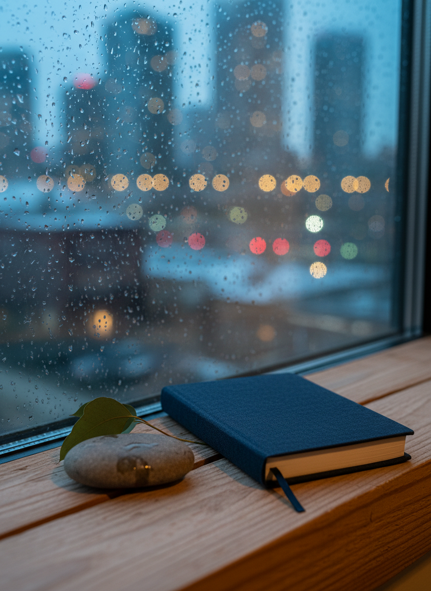 A rain-streaked windowpane fills the background, city lights beyond dissolving into soft bokeh. On the interior windowsill, a single closed journal with a deep navy cloth cover rests beside a smooth river stone and a slightly wilted sprig of eucalyptus. Droplets on the glass catch the cool, bluish twilight, while a nearby unseen lamp casts a warmer glow across the journal’s textured fabric, creating a subtle contrast between outside chill and inside warmth. Shot at a low, oblique angle, the composition uses rule-of-thirds framing, placing the journal just off-center. The mood is contemplative, wistful, and quietly hopeful, with photographic realism and a refined, poetic atmosphere ideal for themes of sadness, resilience, and inner growth.