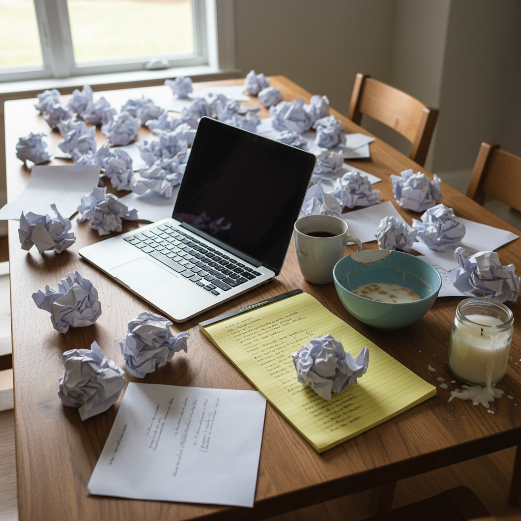 A cluttered kitchen table serves as an impromptu writing space: a laptop with a slightly worn keyboard, a yellow legal pad covered in crossed-out sentences, and a chipped ceramic bowl with traces of breakfast cereal in dried milk rings. Crumpled pages are scattered like fallen leaves, their creases catching the soft, overcast daylight coming through a nearby window. A half-burned candle in a simple glass jar sits off to one side, its wax drips frozen mid-flow. Photographic realism with a slightly elevated, wide composition, keeping sharp focus across the table’s surface. The atmosphere feels raw, unpolished, and authentically everyday, capturing both the mess and momentum of life writing, with muted colors and a grounded, sophisticated documentary style.