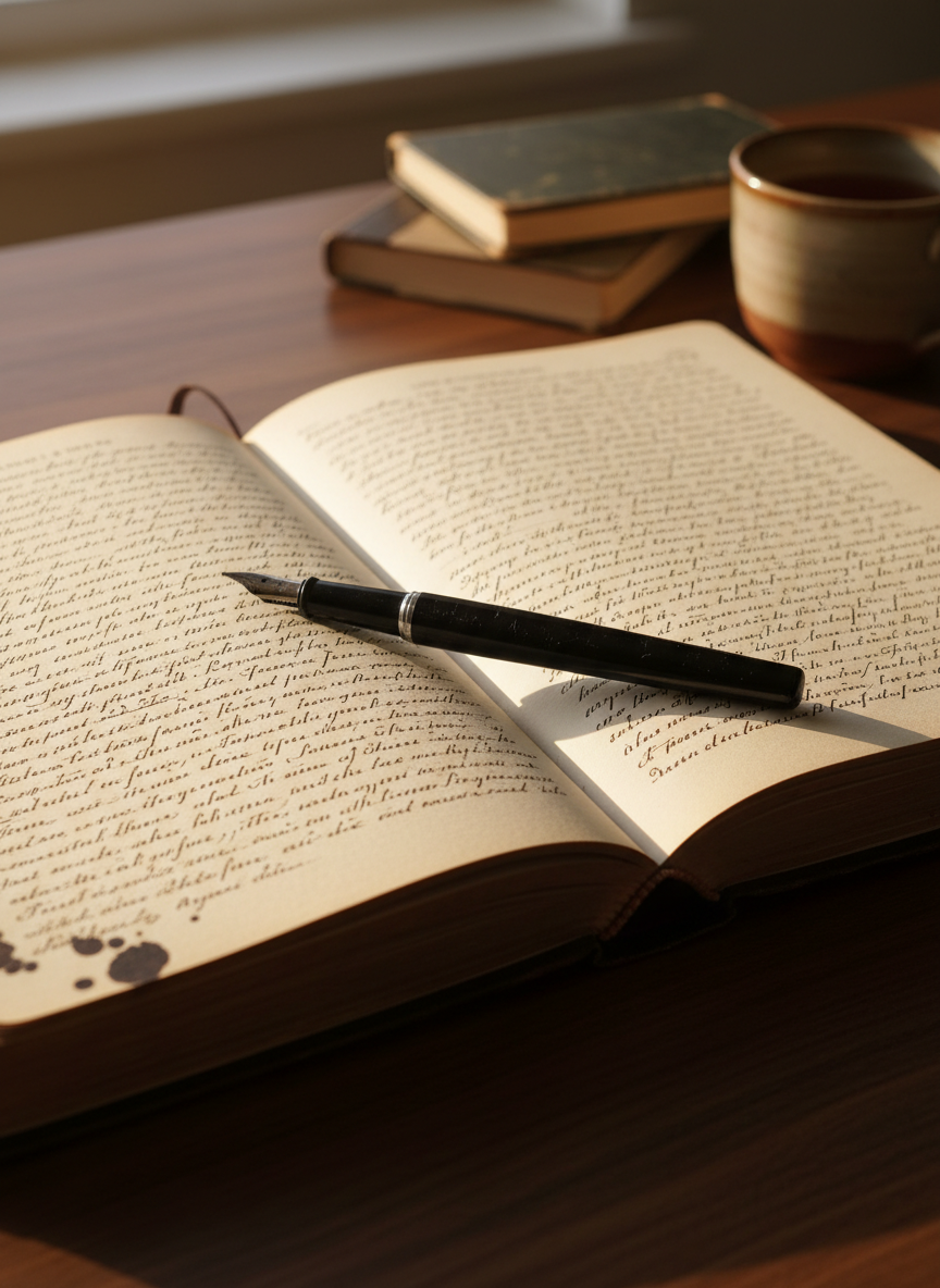 A well-worn hardcover journal lies open on a dark walnut desk, its cream pages filled with dense, looping handwriting and ink smudges at the margins. A single fountain pen with a matte black barrel and tiny silver scratches rests across the center fold, as if just set down mid-thought. Late afternoon light filters through an unseen window, casting long, soft-edged shadows and a diffused golden glow across the tabletop. In the blurred background, a stack of closed notebooks and a ceramic mug half-filled with cooling tea create a quiet sense of continuity. Photographic realism, eye-level composition with shallow depth of field, intimate and contemplative mood suited to personal storytelling and reflection.